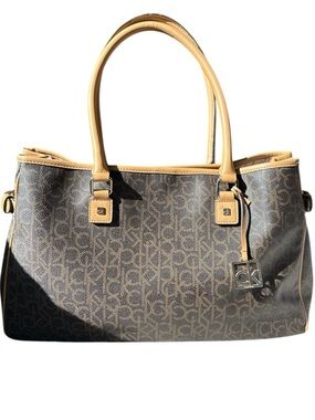 Calvin Klein Brown Tote with Tan Trim and CK Charm Large